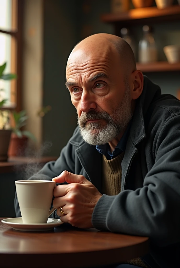 Profile picture of bald man drinking coffee