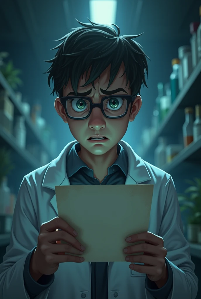 Generates a scientific, that is A little realistic, In a clue type letter, Let the background be Mysterious in a laboratory,That the scientist is as worried, that focuses on just her, Let it be pretty and let the face be seen and be straight, more mysterious and dark and without a leaf in his hand