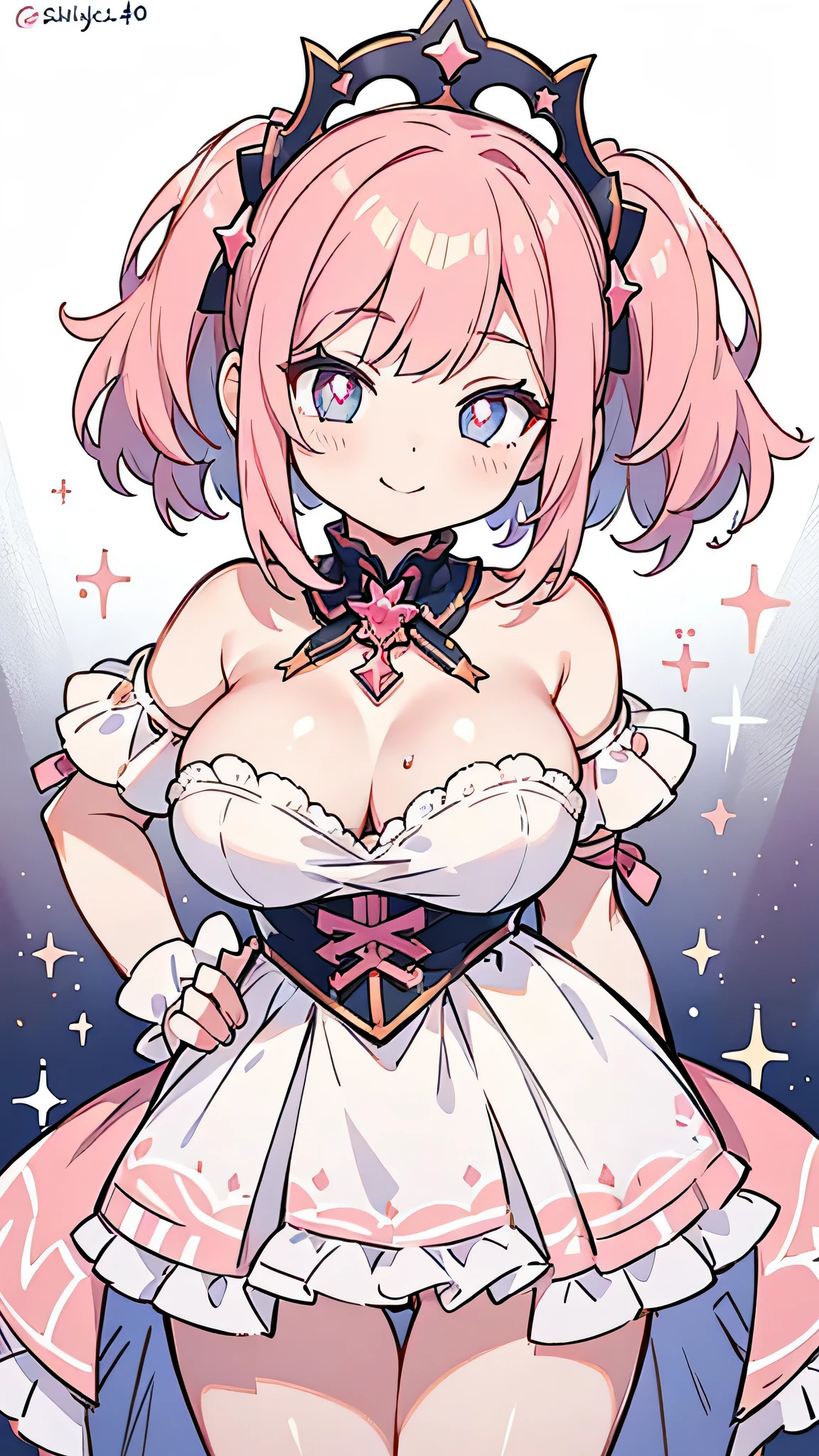 a beautiful young woman with pink hair in a hime cut hairstyle, siren eyes with star-shaped pupils, a smirk on her face, looking drunk and having an evil, seductive smile, wearing a sexy party dress that accentuates her slim figure and large breasts, in a cowboy shot, extremely detailed and realistic, 4k, 8k, high resolution, best quality, masterpiece, ultra-detailed