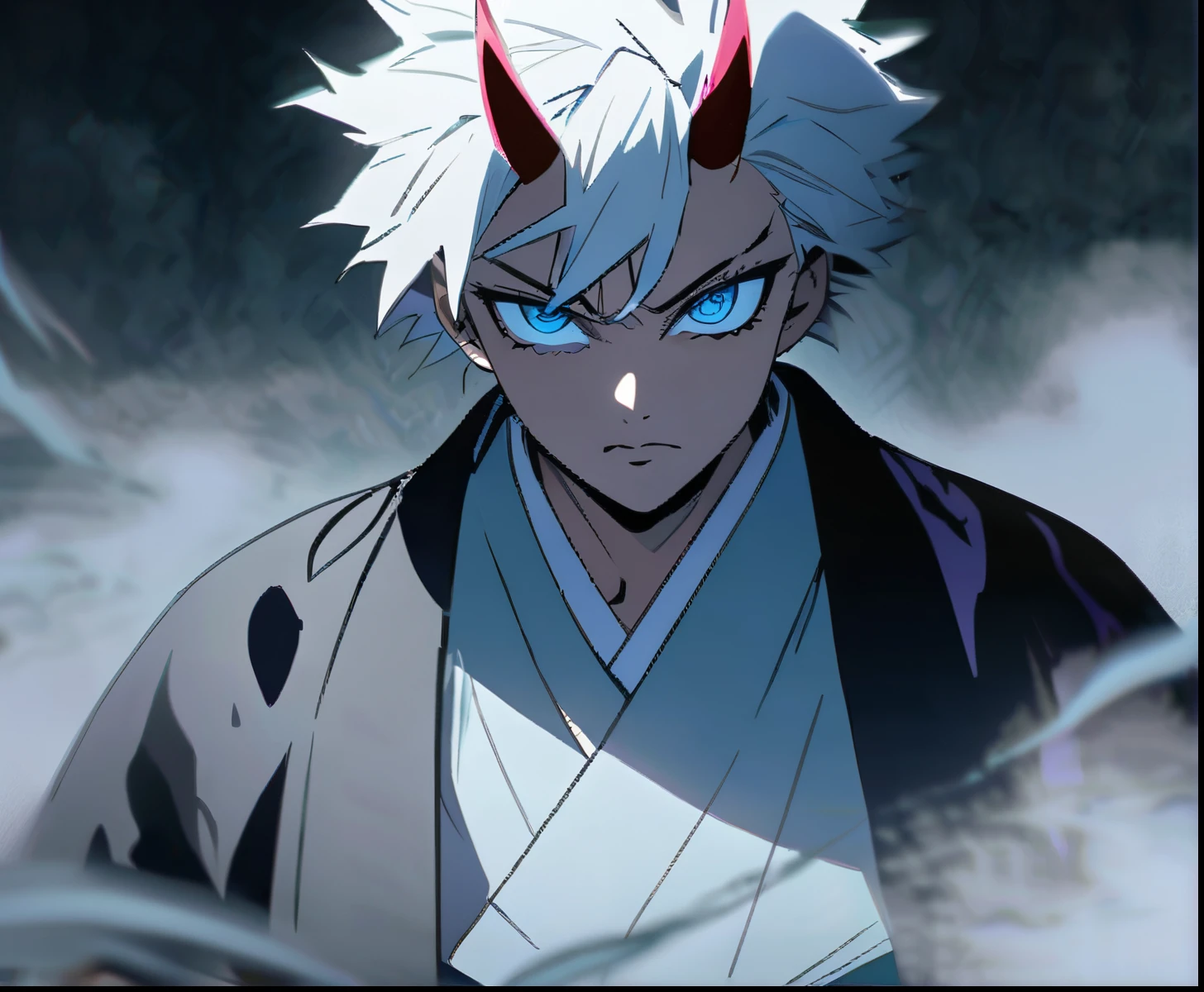 Mist, fog, masterpiece, perfect face, intricate details, raw photo, bright blue eyes, yokai, demon, serious, kimetsu no yaiba, upper moon oni, wearing light blue kimono, demon slayer anime style, oni boy with white hair, mist power, anime, upper moon, oni, boy, moving the mist, eyes with japonese number, demon eyes with japonese number, eyes of upper moon from kimetsu no yaiba anime