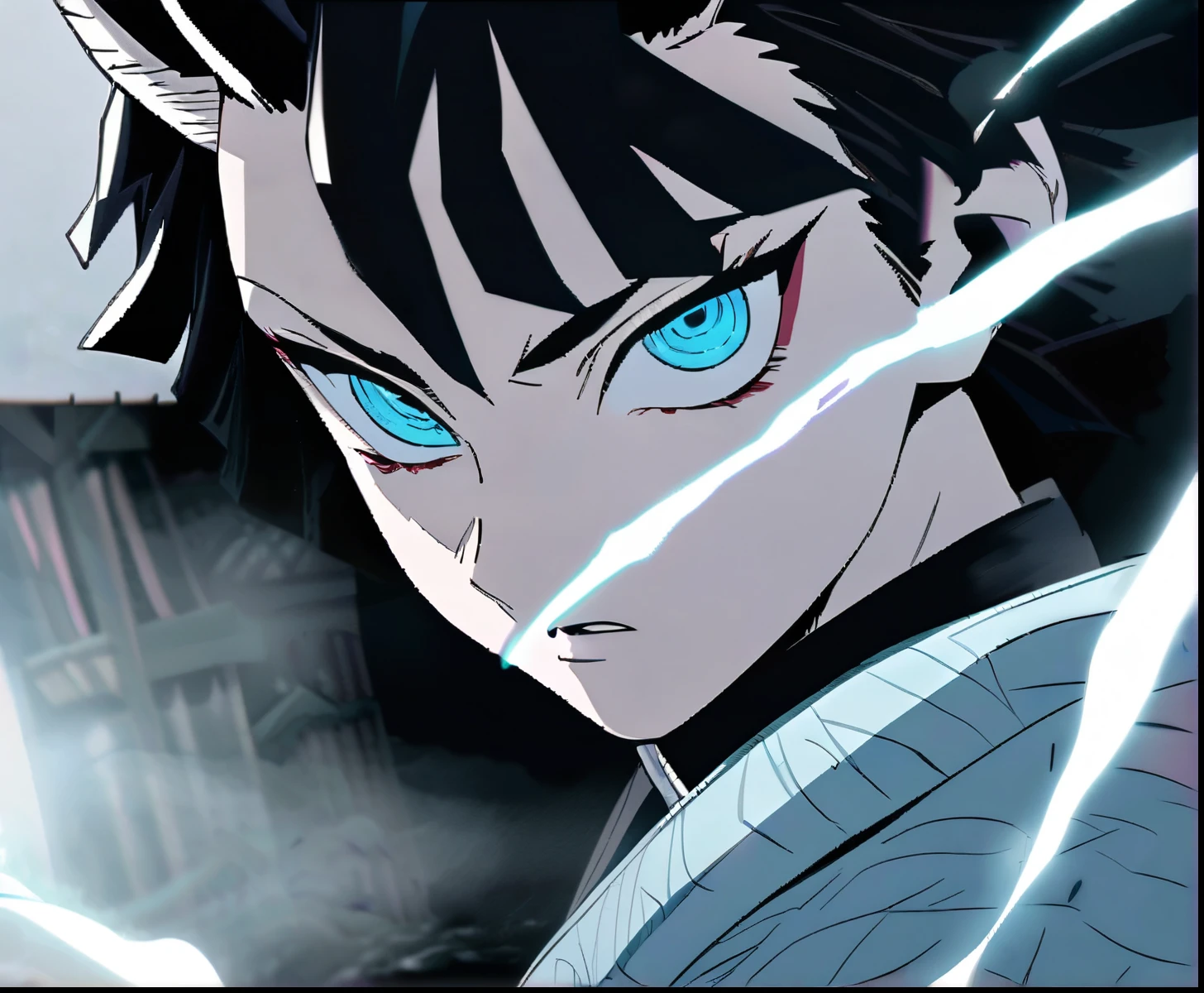 Mist, fog, masterpiece, perfect face, intricate details, raw photo, bright blue eyes, yokai, demon, serious, kimetsu no yaiba, upper moon oni, wearing light blue kimono, demon slayer anime style, oni boy with white hair, mist power, anime, upper moon, oni, boy, moving the mist, eyes with japonese number, demon eyes with japonese number, eyes of upper moon from kimetsu no yaiba anime