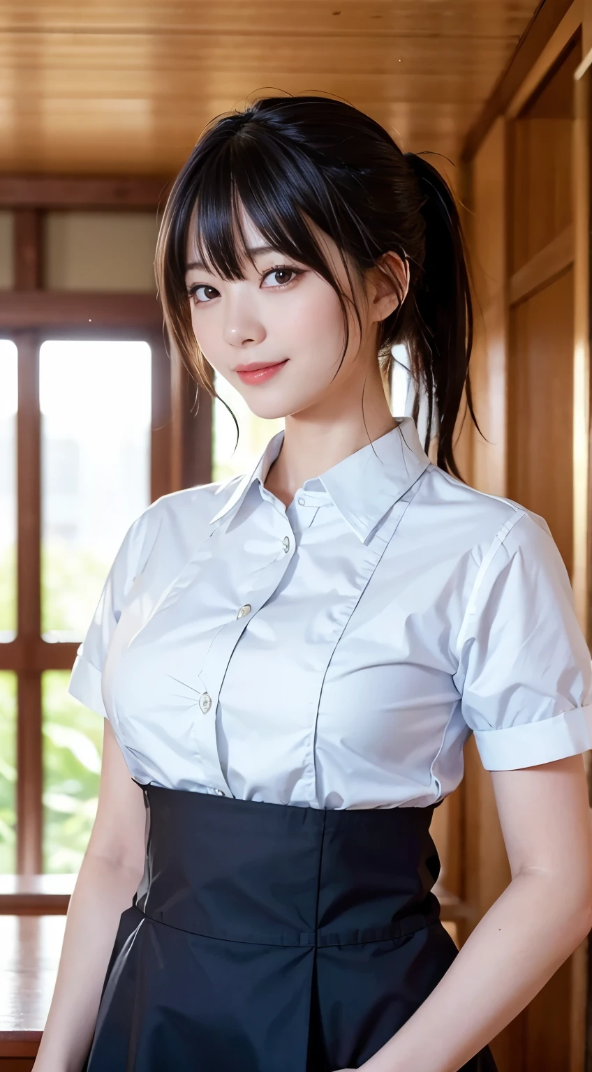 (Highest quality,masterpiece:1.3,Ultra-high resolution,),(Very detailedな,Caustics),(Photorealistic:1.4,RAW shooting,)Ultra-Realistic Capture,Very detailed,High resolution 16K human skin closeup。 Natural skin texture、,Pores、、、、It must be detailed enough to be easily identifiable。 Skin tone is even and healthy looking。 Use natural light and colour,restaurant,Waitress Uniform,1 girl,Japanese,1,cute,Black-haired,ponytail,Big Breasts,smile,Turn your body forward,(Front view:1.1),Looking at the camera,Cowboy Shot,