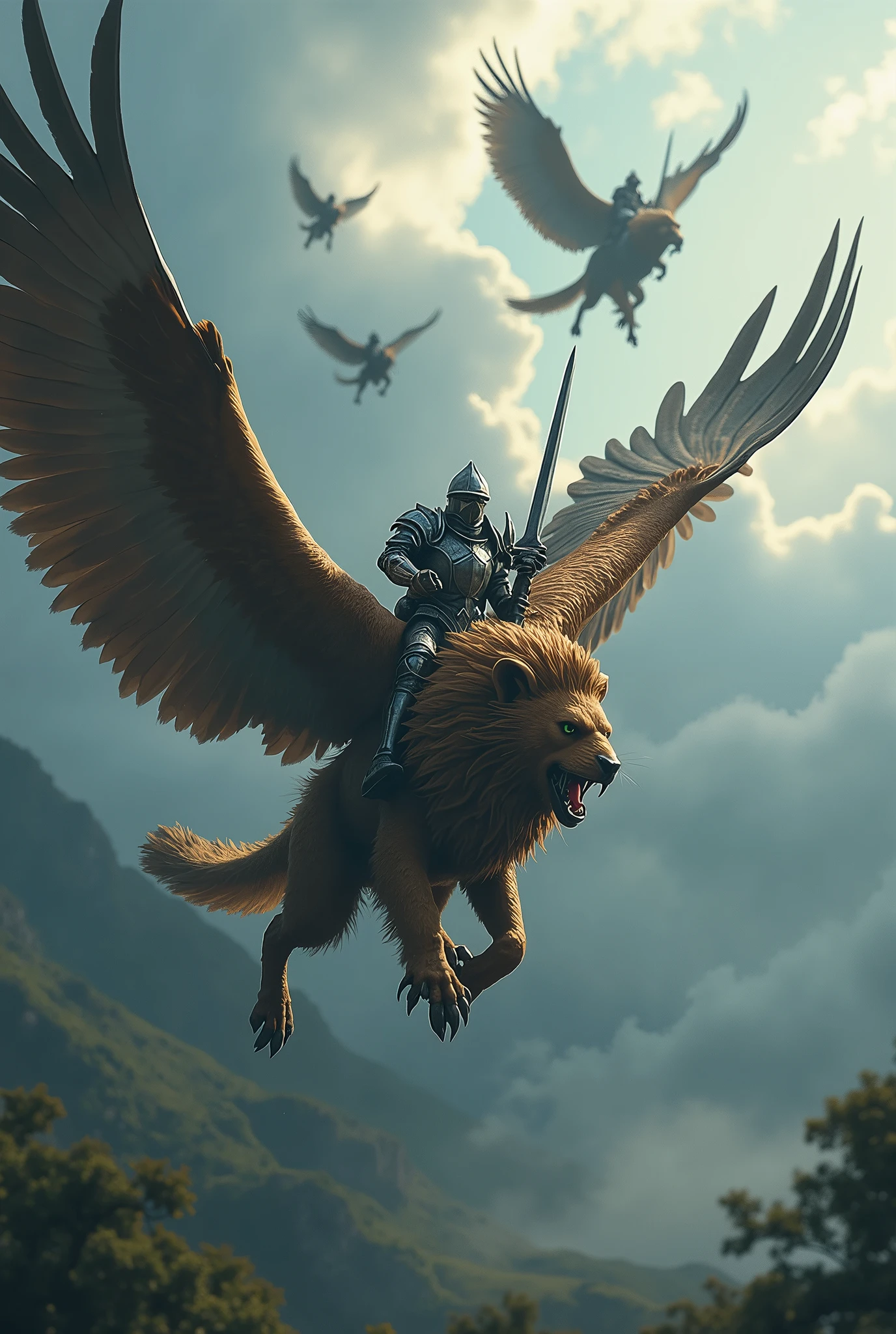 Lots of gryphons\(eagle head and wings, lion body, different poses\) flying in the sky and all the gryphons are ridden by heavily armed knights with long swords, thundercloud skies, dynamic images, stunning nature, Pulitzer Prize-winning photos, screenshot of action movie