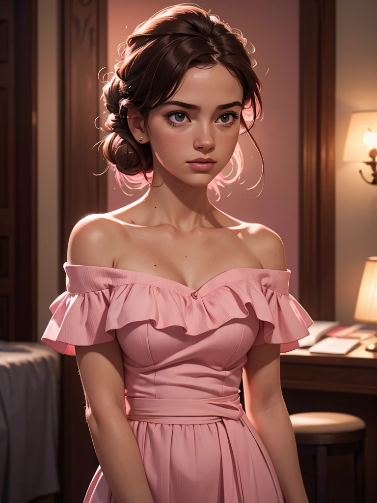 ((Jane Kaczmarek aged 50, linda (90s style, the haircut is layered and with curtain bangs over the eyes), sensual and seductive, she is standing next to a fireplace, wearing a thin pink silk dress, with a seductive and attractive look of curved eyelashes, sensual mouth wearing red lipstick, symmetrical face, perfectbody, slender, skin depth, delicate and highly detailed face)), using the best shadow and lighting techniques, to create a mesmerizing portrait that transcends the visual, ultra-realistic image, perfect symmetry, vibrant and clear, dynamic view, high level of detail and definition, 1200 PPI - Photographic resolution with greater color realism, hyperrealisti, high fidelity, cinematic, 8K UHD image resolution.