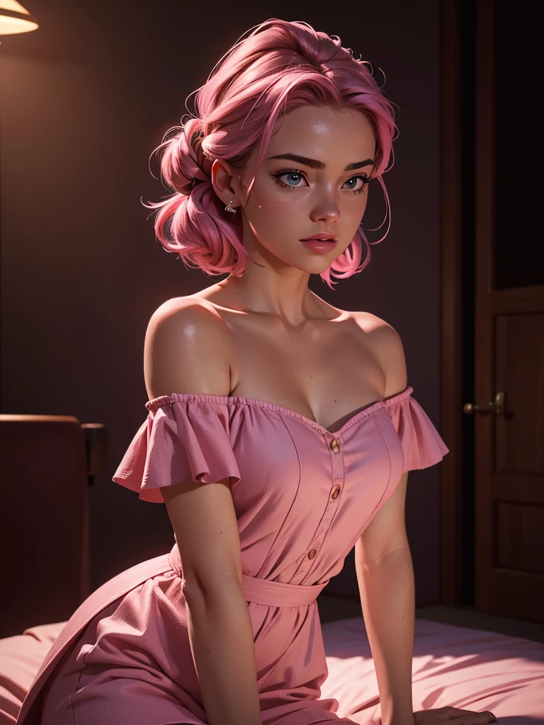 Best quality, masterpiece, ultra high resolution, (Realism: 1.4), Original photo, 1 girl, Pink off shoulder, cinematic lighting