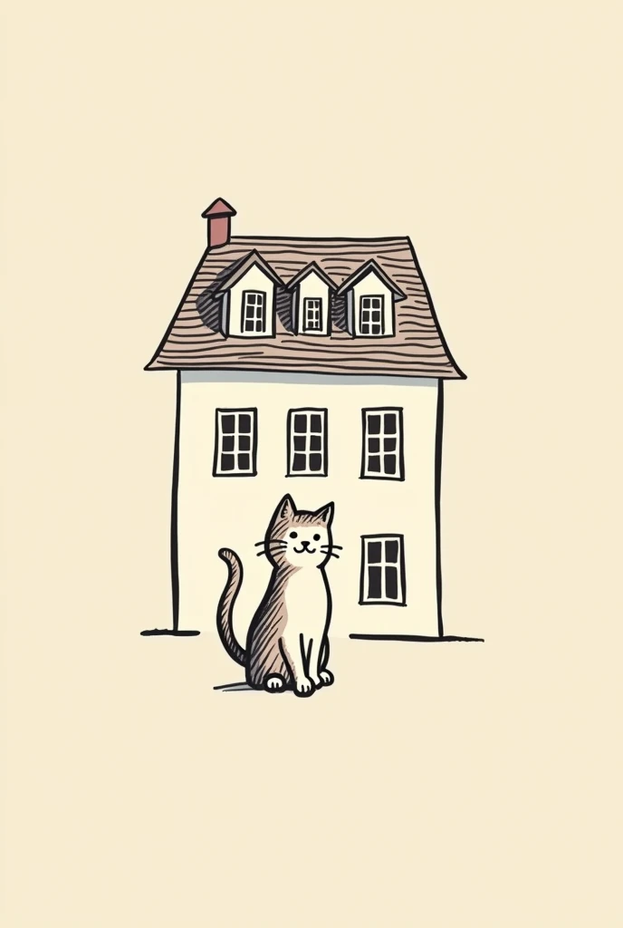 Je souhaiterais un logo simple d'un trait continu representant un chat et une maison de type vosgienne. Le chat devrat se tenir sur ses 4 pattes, avec la queue relevée, stylisé a l'ancienne, a la mode des annees 70. La maison sera sur 2 etages, avec 5 lucarnes de type chien assis. Le style devra etre épuré dans le genre de l'animation graphique alinéa.