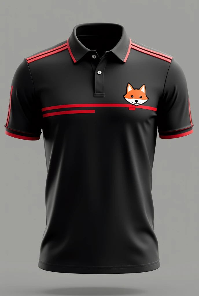 Black polo shirt with red lines with a small logo on the front of a cute little fox that says snacktopia