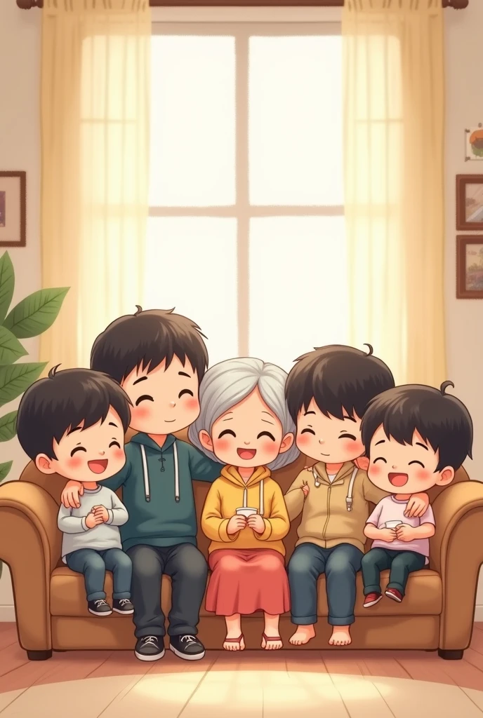 A chibi style drawing of 5 people sitting on the sofa.
The first person is a 6 man, the second a 60 year old woman, the other 3 people are 3 adult men