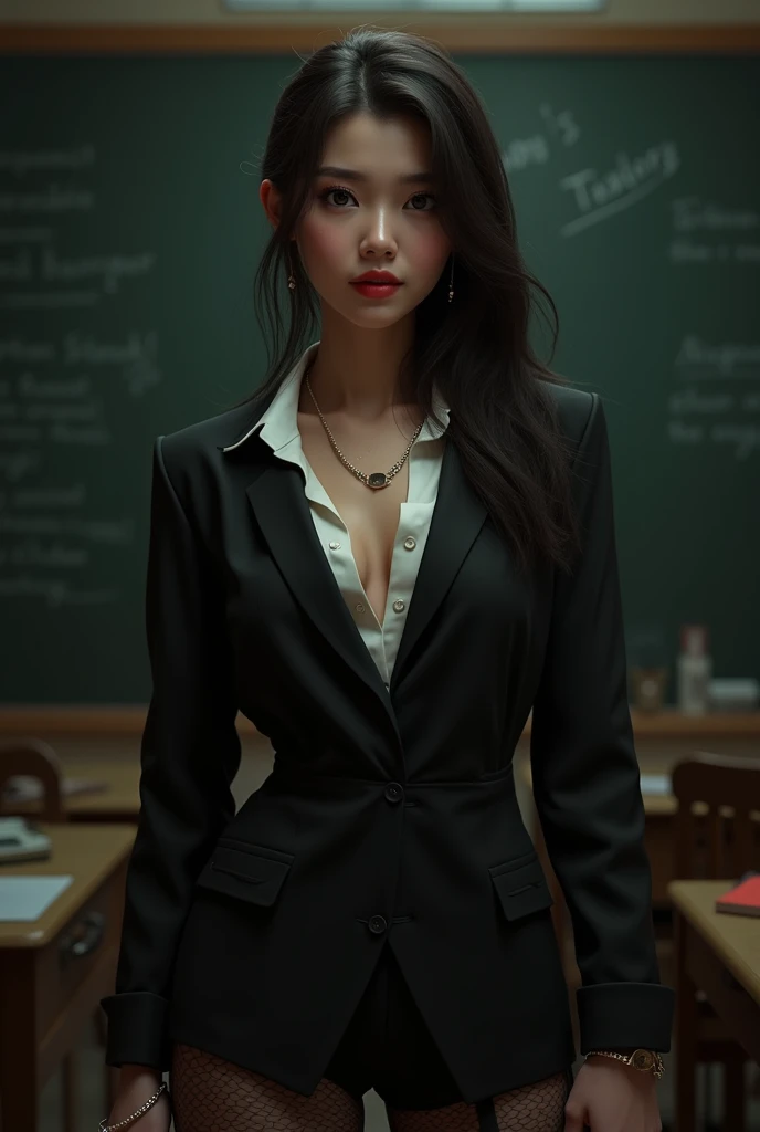 8k, Tabletop, RAW Photos, highest quality, Realistic, Highly detailed CG Unity 8k wallpaper, Depth of written boundary, Professional Lighting, Ray Tracing, (Very beautiful face, Beautiful Lips, Beautiful Eyes), Exquisitely detailed face, ((Highly detailed skin)) One Girl, Deep Shadow, (Sexy female teacher), ((View Viewer)), (A seductive smile), (Blurred Background), (Large Breasts), Earrings, bracelet, necklace, Clear Eyes, Black Background, Front shot, (Pale skin), Look forward, (Big eyes), (Upper Body Shot), (Camel Toe), Shabby room, blackboard, (business suit:1.3), (Black Stockings, Garter Bart), (I can see your pants:1.2),