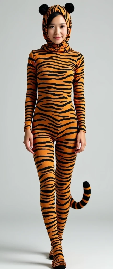 The most beautiful,thin,most pretty and clever Asian muslimah adult girl wears tiger lycra turtleneck unitard catsuit covered with stripes with a tail.She always wear tiger lycra dancewear stretchy hijab covered with stripes with a pair of ears.