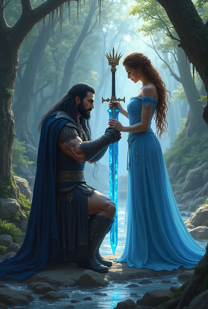 A barbarian king kneeling before his queen, with a crystal blue ice sword in his hands. He has long black hair, approximately 2. the Queen, standing, observes the king with tenderness and admiration. She is dressed in an elegant robe that shines in the light., while carefully placing a crown on the king&#39;s head as a sign of respect and love. the Queen tem cabelos castanhos e feições gentis e delicadas. The scenery is majestic, with a wild and open forest , with a stream running further in the background