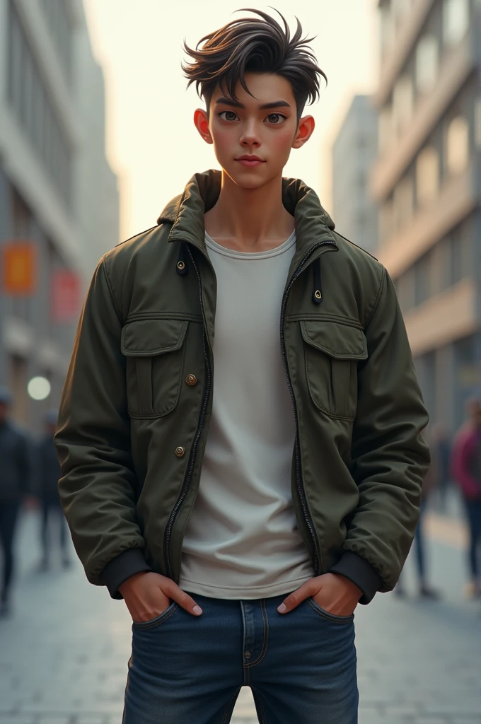 A young, handsome male character with an ectomorphic body type, shown in a medium shot from the front. The style of the image should be realistic. The character is dressed in urban clothing and should express the following emotions: joy, anger, and calmness.