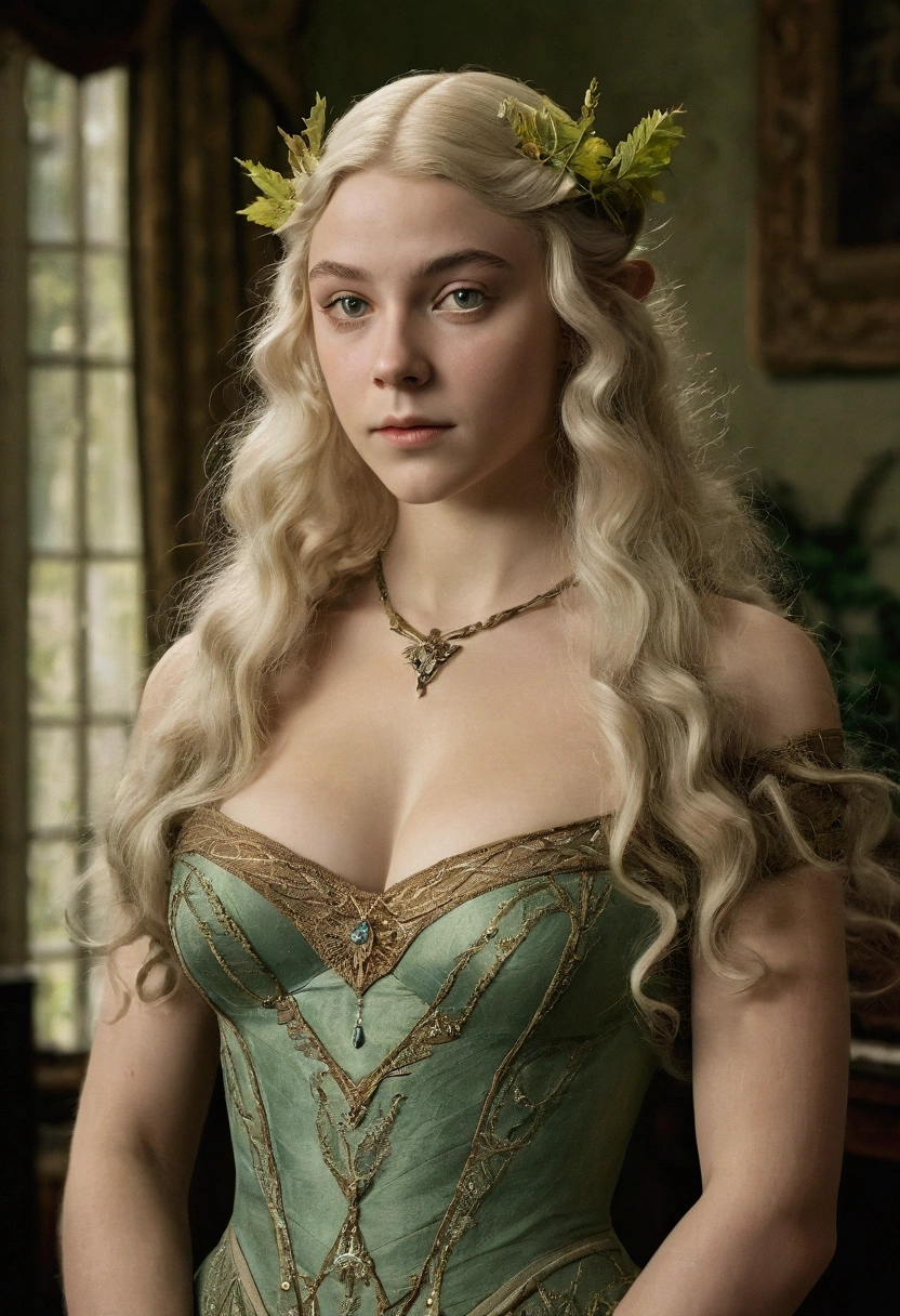 1910s analog film photograph, colorized photo of an elven maiden, 18-years-old, amazonian stature, thick-fit hourglass figure, busty breasts, toned, athletic, wearing a victorian traveling dress, warm almond complexion, pointy elf ears, platinum blonde hair, wild voluminous curls, resembles Margaery Tyrell, standing in a manor drawing room, RAW Photograph, dslr, soft lighting, high quality, film grain, Fujifilm XT3, detailed skin with visible pores, insane details, masterpiece, 8k, 35mm photograph, faded film, desaturated, grainy, vintage, Lomography, stained, highly detailed, found footage, long elven ears