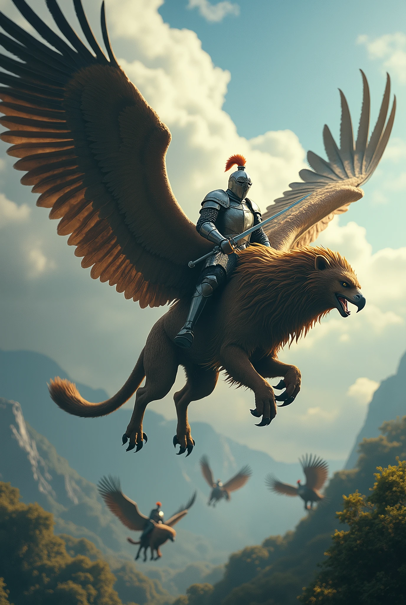 Lots of gryphons\(eagle head and wings, lion body, different poses\) flying in the sky and all the gryphons are ridden by heavily armed knights with long swords, thundercloud skies, dynamic images, stunning nature, Pulitzer Prize-winning photos, screenshot of action movie