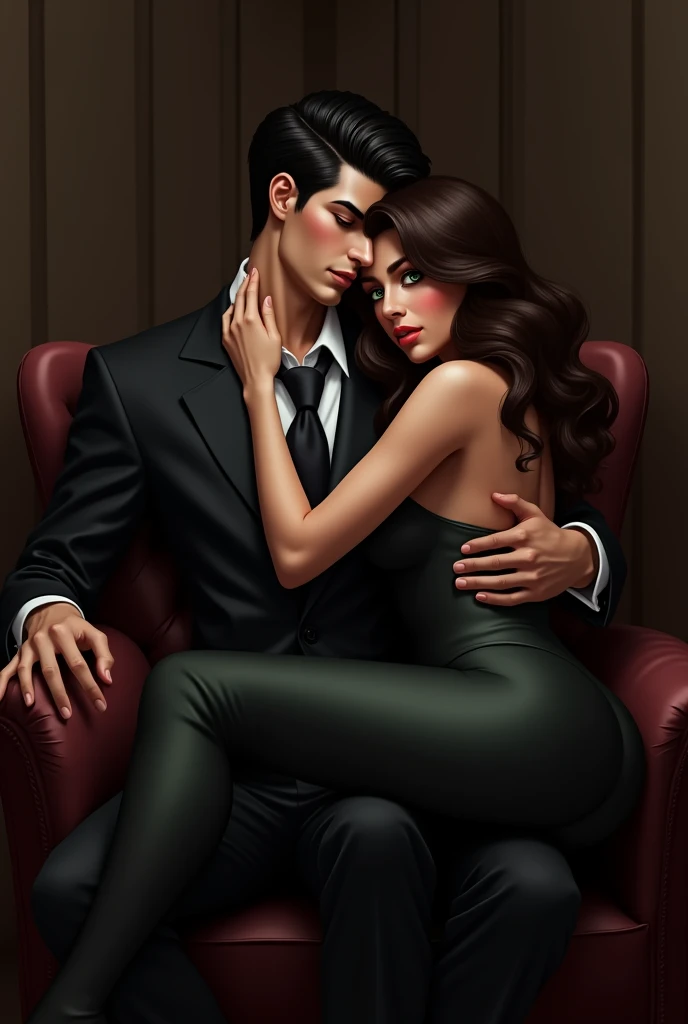 A man sitting in a chair in a black suit with black hair and green eyes and on his lap a brunette woman with brown eyes and a pronounced curve hugs the man's neck