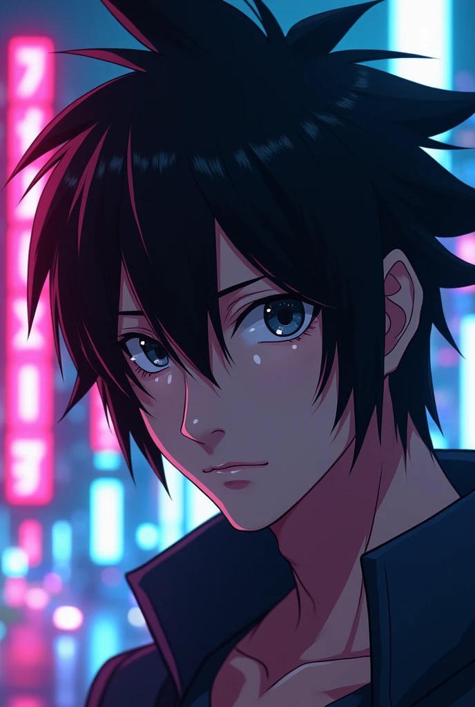 highest quality, detailed skin pore, realistic shading and shadow, perfect eyes, perfect face, perfect lighting, cyberpunk neon, sasuke