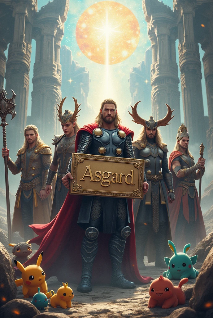 KINGDOM OF ASGARD AND GODS OF ASGARD WITH THEIR WEAPONS AND POKEMONS HOLDING A SIGN THAT SAYS ASGARD