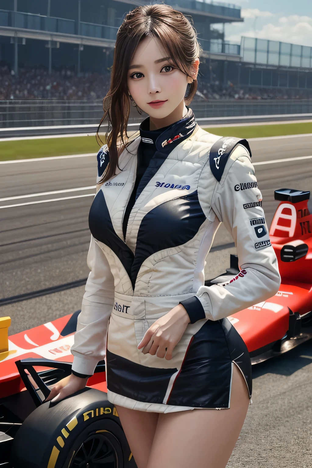 One Girl, 1 person,Highest quality,High resolution,超High resolution,8k,Realistic,Upper Body,encounter_audience,Large Breasts, the body is slim,(Race Queen miniskirt Costume:1.2), circuit,F1 Race,