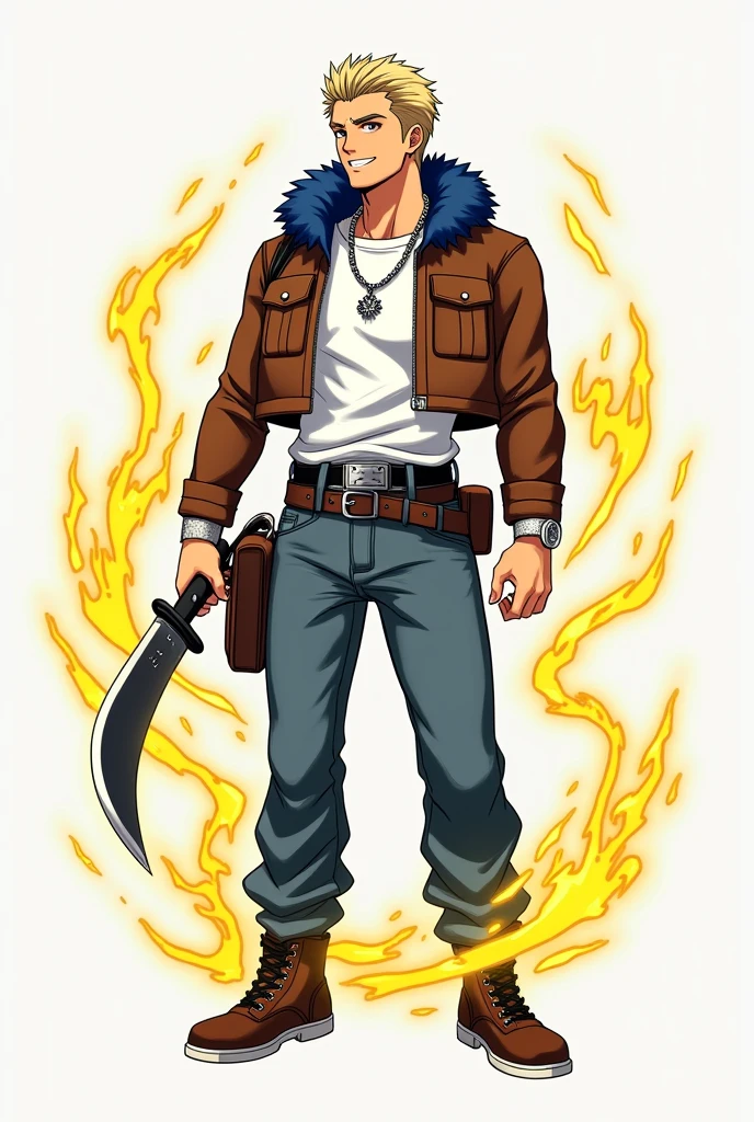 short hair, blond hair, Love, necessary, The best quality, anime, masculine, adult, attractive, handsome, straight hair, smile, presumed, simple background, Brown cropped leather jacket with blue polar fur on the hood, black and silver belt, silver necklace, white t-shirt tucked into pants, leather satchel, baggy jeans, brown sneakers, Yellow energy kunai in one of his hands, yellow energy particles around one of his hands, anatomically correct, anime