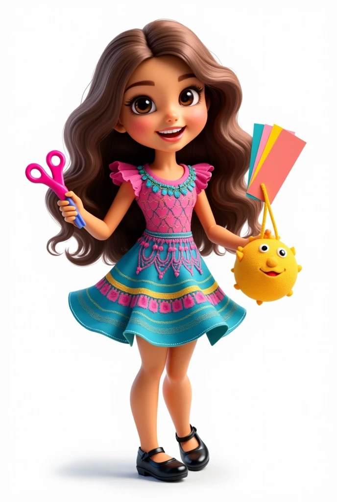 Brazilian doll mascot with long light brown hair, brown eyes and fair skin, Grinning, vestido azul e Pink com detalhes amarelo, with the name Day Holding in the right hand several sheets of blue colored papers , Pink, vermelho e na mão esquerda uma tesoura pequena Pink. shoes black. Background transparent 
