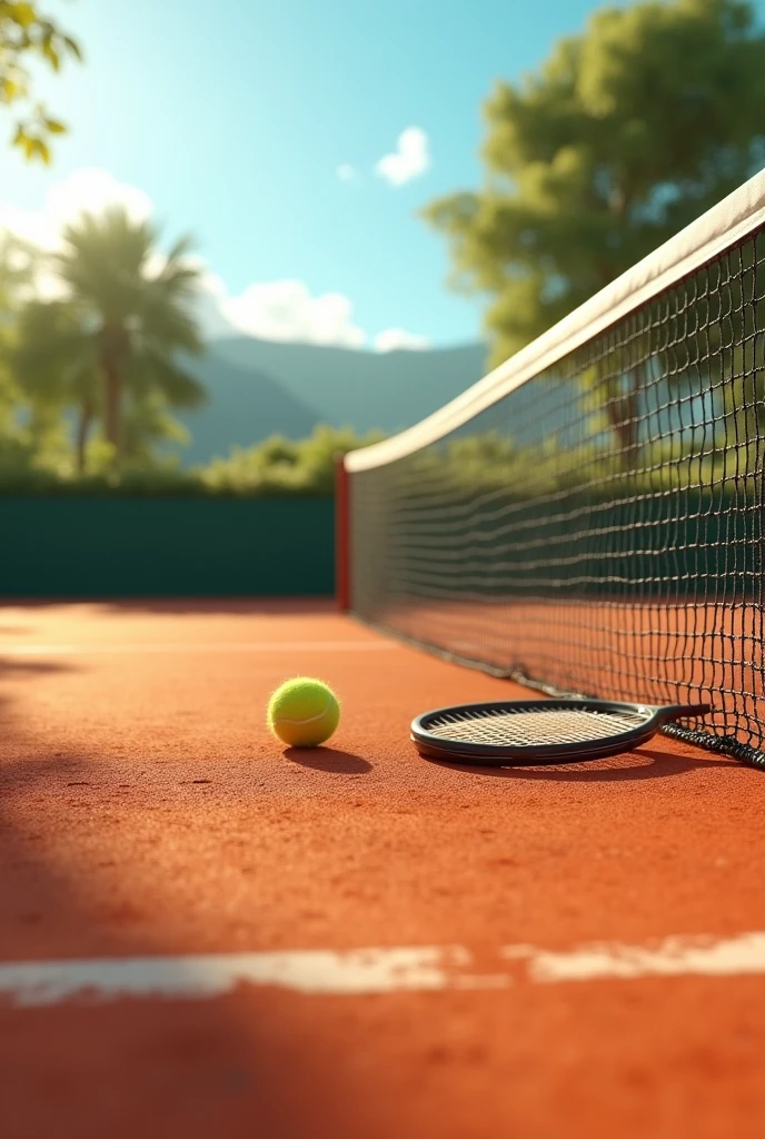 Creating a clay tennis court with a racket resting on the net on a beautiful sunny day