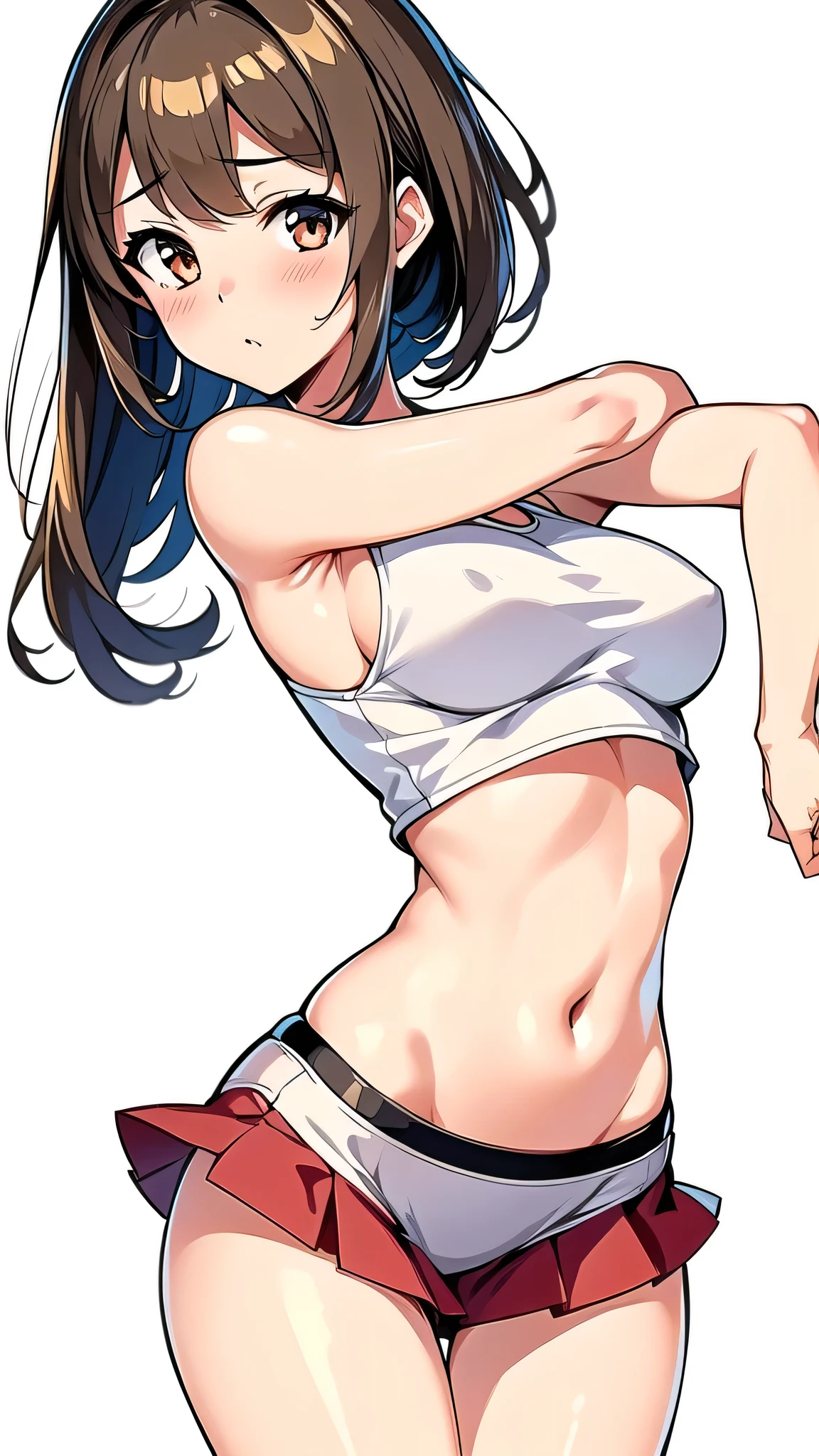 anime style: Kimi no Koto ga Dai Dai Dai Dai Daisuki na 100-nin no Kanojo, symmetrical face, white woman and light brown hair, young woman of 1, very realistic anime, a slave woman from ancient Egypt with a crop top period linen, short tight miniskirt, body similar to Priscilla Ricart, walking to the bank of the Nile River with very short clothing thin and light as air, very sexy and seductive girl, 38D cup breasts, with facial details and intricate realistic elements, random angle, tanga view, nsfw