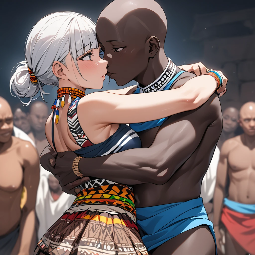 ((Highest quality)), ((masterpiece)), (detailed), （Perfect Face）、The woman is a skinhead named Aoki Reika, a Ghanaian with black skin and a skinhead, from the indigenous people of Ghana, Africa.、The woman was given a skinhead and dressed in a tribal dance costume from the indigenous people of Ghana, Africa.、A woman is hugging and kissing a man
