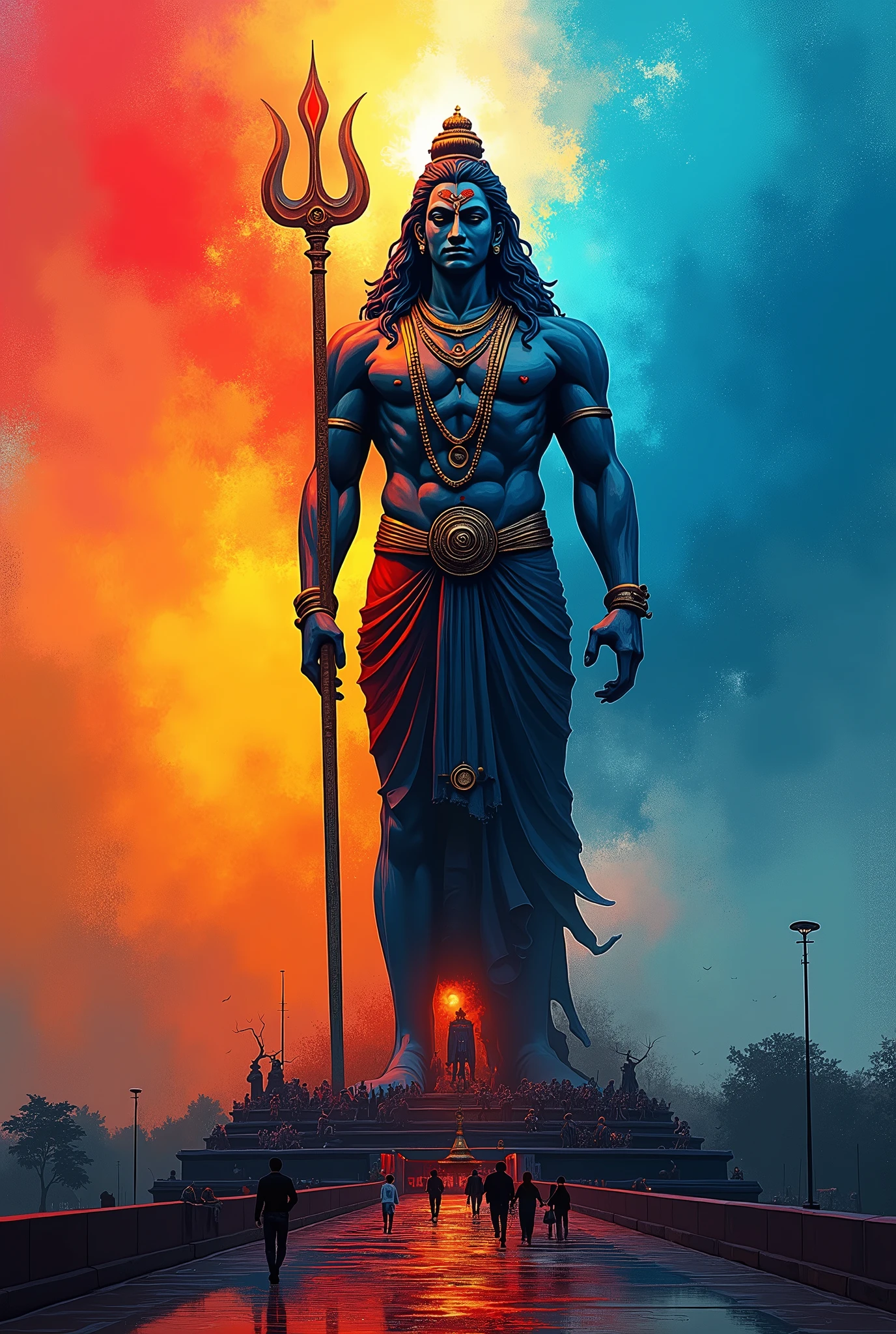 vibrant colors merge in an abstract interpretation of Hyderabad's Siva statue