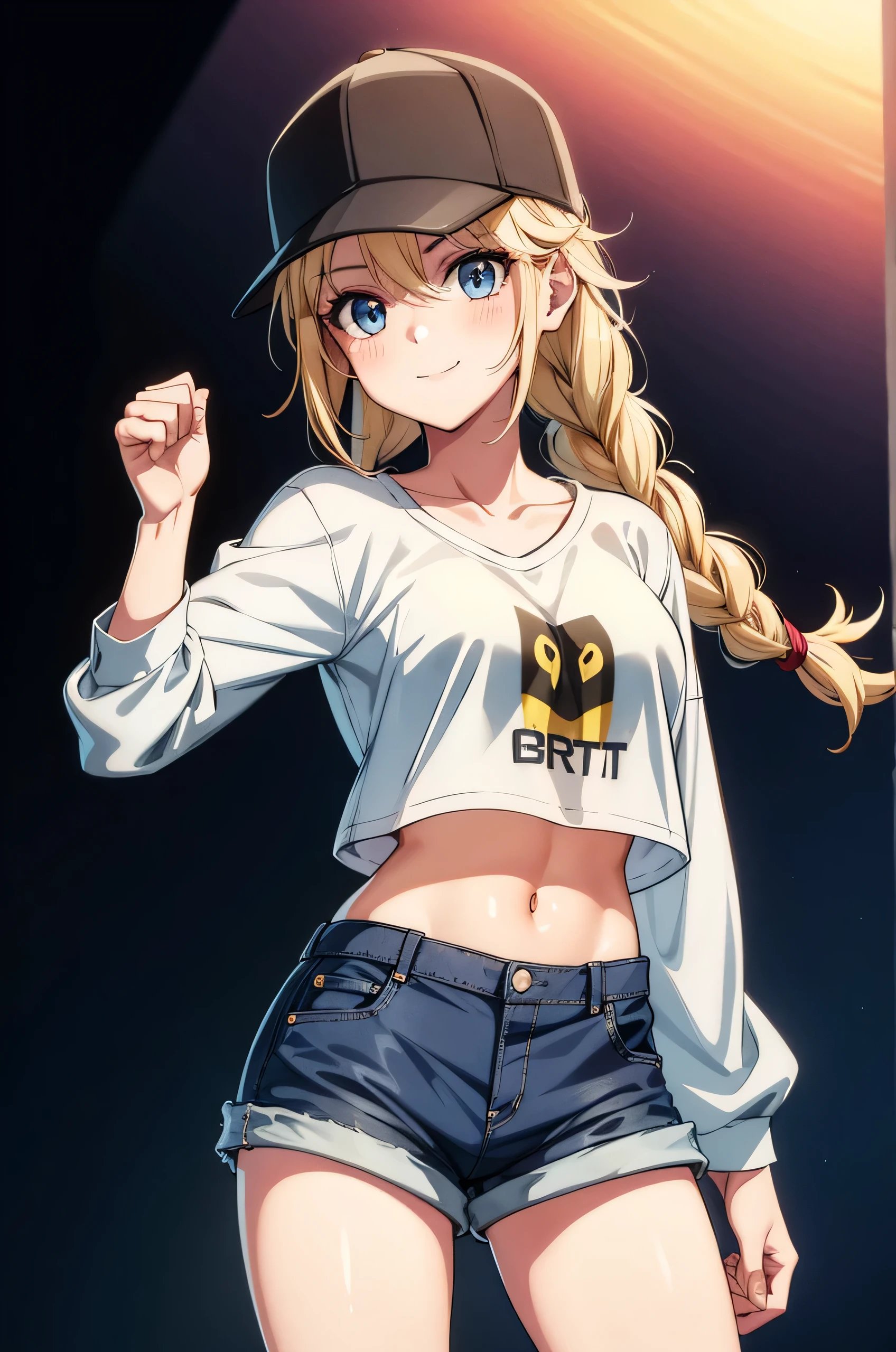 this blonde haired girl in shorts holding up her fists, and a baseball cap, 1girl, solo, blonde hair, shorts, hat, blue eyes, navel, twin braids, crop top, braid, shirt, baseball cap, short shorts, breasts, denim, midriff, denim shorts, looking at viewer, long sleeves, white shirt, long hair, black headwear, collarbone, cowboy shot, stomach, cutoffs, crop top overhang, blush, smile, neon lights background