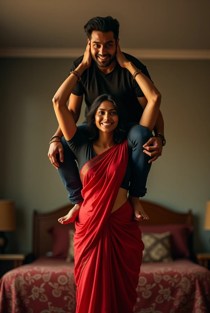 Beautiful and Slim, Sexy Indian woman in black blouse red saree , lifting a large chubby man above her shoulders, man is sitting on woman's shoulders, natural smile, in a bedroom with high ceiling at night