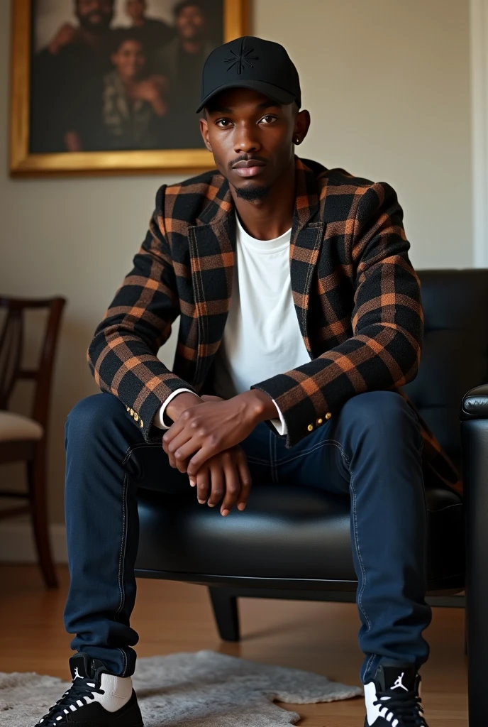 best qualityer:1.4), (ultra high resolution:1.2), (photorrealistic:1.4), (8k, CRU photo:1.2), a thin young man of 20 years old, skin black, with a smooth, beardless face, corte de cabelo buzzcut, He's wearing a black cap. He's wearing a white shirt. He is wearing a basic black and brown plaid coat.. He is wearing navy blue jeans. He is wearing black and white Jordan sneakers.. He is sitting on a chair in a simple living room. Thin build without muscles. Seductive face for the camera.