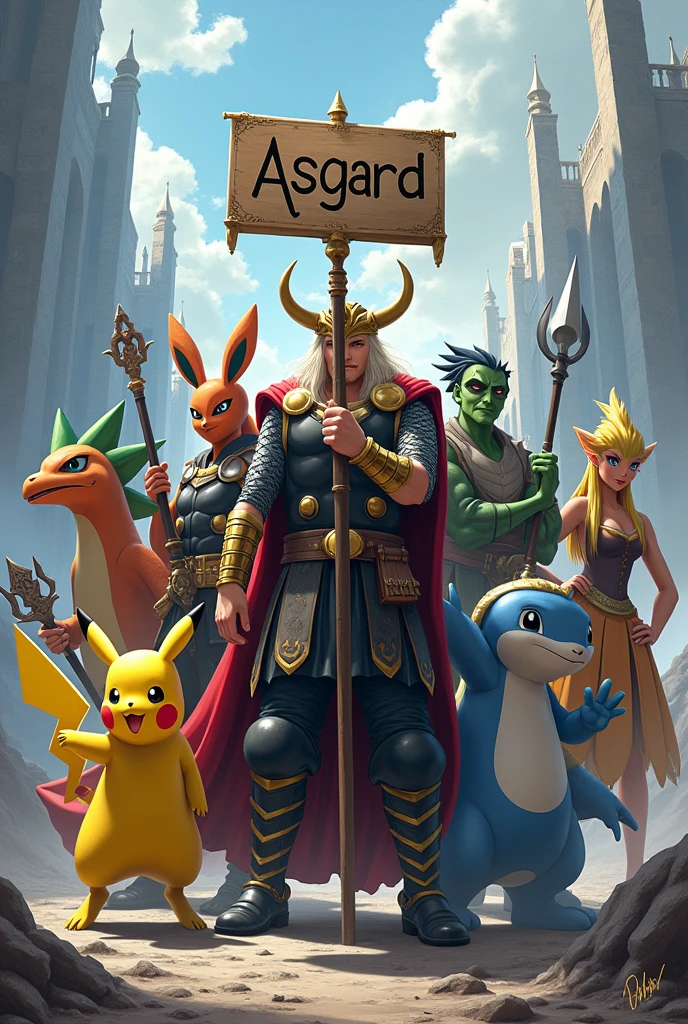 Asgard's gods and pokémons with their weapons holding a sign written Asgard