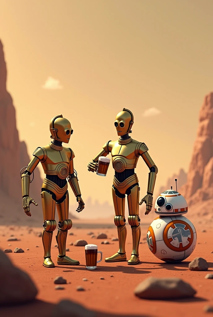 Make a c3po image,  r2d2 and bb8 drinking beer on mars