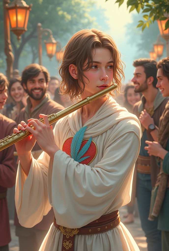 a young half-elf man with delicate, feminine features and shoulder-length light brown hair wearing white medieval clothing with a symbol of a light blue feather over a red heart drawn on the clothing at chest height, playing the flute and partying with happy people in medieval anime style