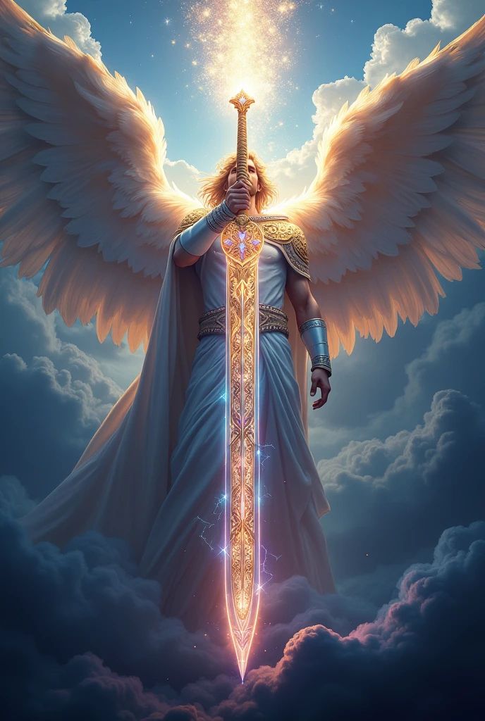 I want an epic image of the angel Michael&#39;s sword glowing with angelic power. 