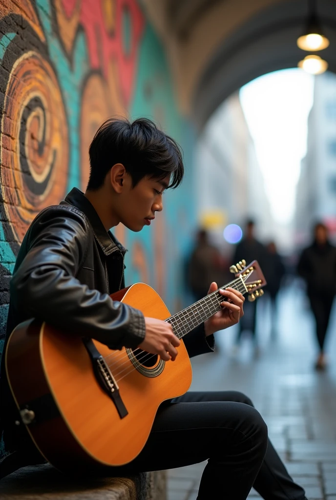 En la banqueta de un túnel se encuentra un Asian guy 2, joven con muletas, black neat messy hair, playing guitar in a city, tourist fence, Receive coins. TAGS: handsome guy, playing the guitar, citys, tourists, Receive coins, music, Street artist, lively atmosphere, Ruas movimentadas, swirly vibrant colors, street art, cultural experience