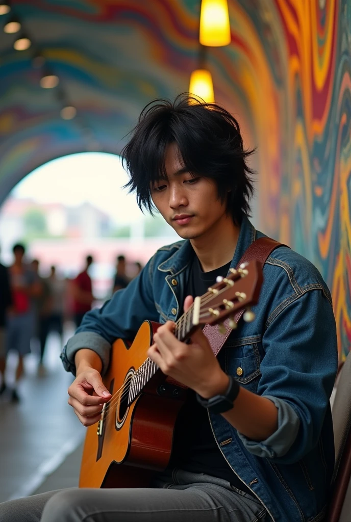 En la banqueta de un túnel se encuentra un Asian guy 2, joven con muletas, black neat messy hair, playing guitar in a city, tourist fence, Receive coins. TAGS: handsome guy, playing the guitar, citys, tourists, Receive coins, music, Street artist, lively atmosphere, Ruas movimentadas, swirly vibrant colors, street art, cultural experience