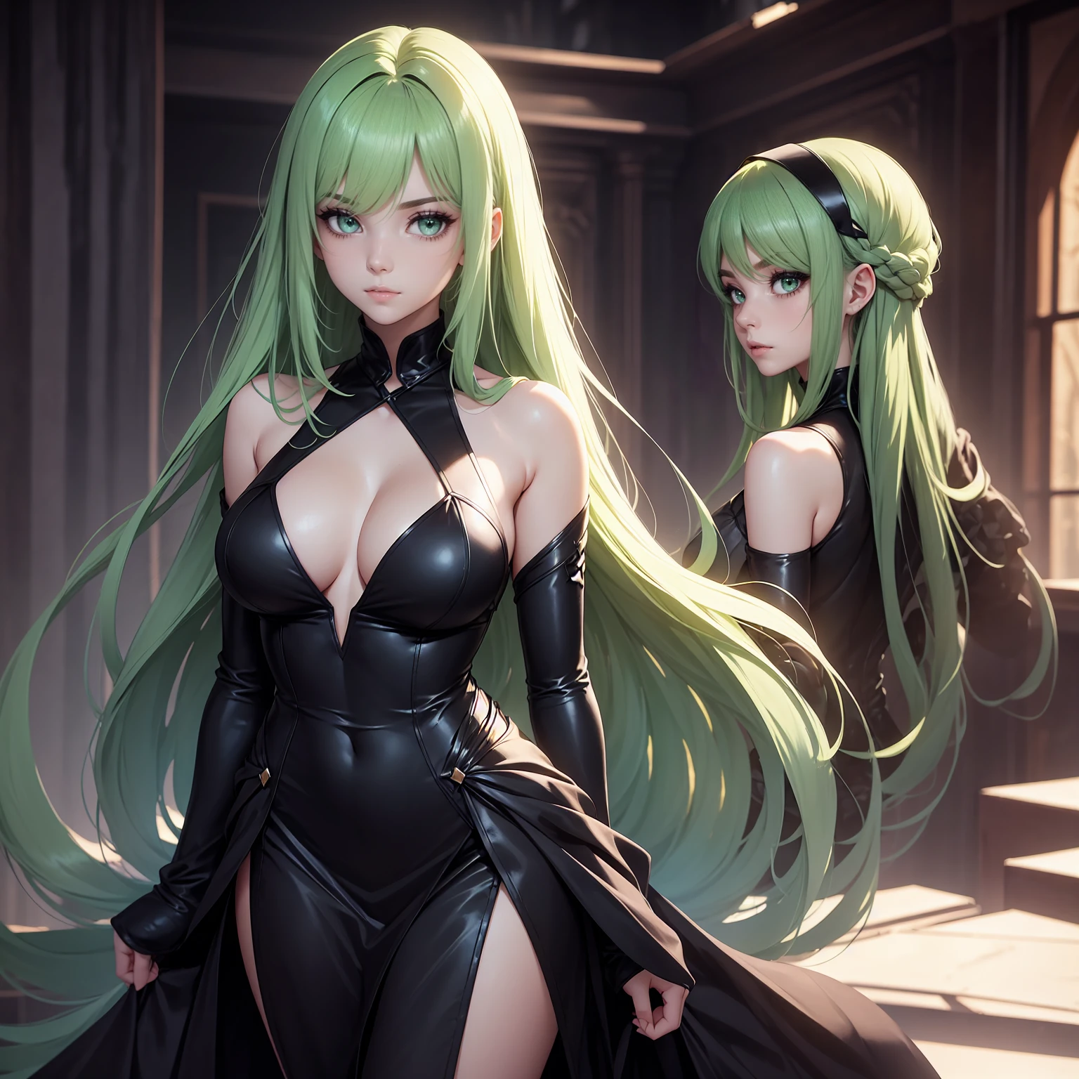 A young 1 woman, with long green hair to her shoulders and light green eyes glowing, which shine adding a special touch to her appearance. Her fair skin is soft and well-groomed, giving an interesting contrast to the darker shade of her eyes. She is quite slim, with a very curvy and attractive silhouette, which is evident in her tight black dress and her white blouse edged from behind, showing her thin back. His appearance is charming and innocent