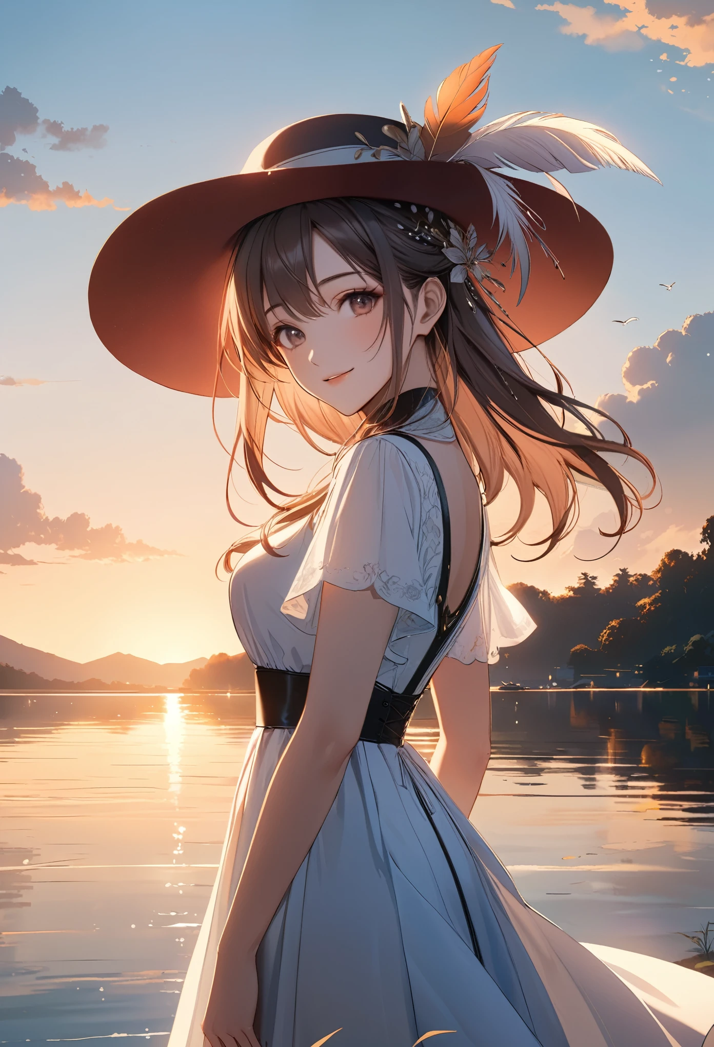 smile,hat,perfect ???????,lakeside,sunset,cinematic lighting,(masterpiece,8k,Professional,perfect composition,very aesthetic,absurdres,ultra-detailed,intricate details:1.2),perfect proportion,hand