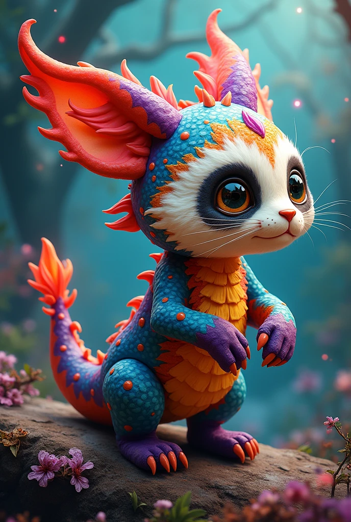 Make me an alebrije made of a panda cat rabbit in the shape of a cat, panda, Dragon and rabbit with brighter colors
