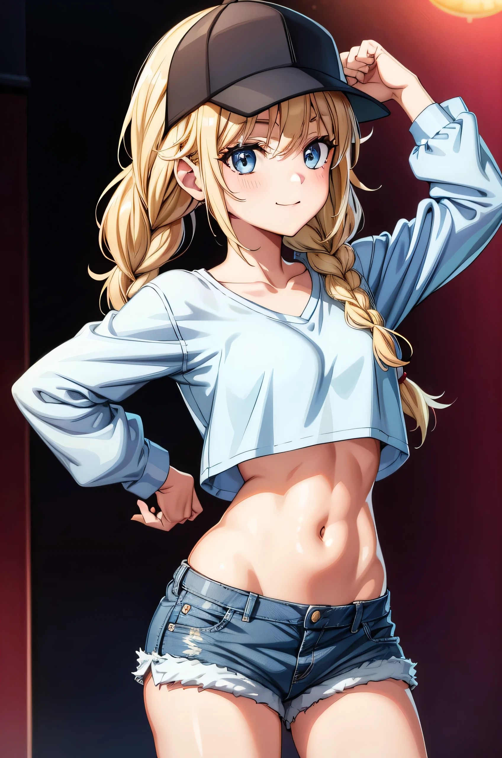 this blonde haired girl in shorts holding up her fists, and a baseball cap, 1girl, solo, blonde hair, shorts, hat, blue eyes, navel, twin braids, crop top, braid, shirt, baseball cap, short shorts, breasts, denim, midriff, denim shorts, looking at viewer, long sleeves, white shirt, long hair, black headwear, collarbone, cowboy shot, stomach, cutoffs, crop top overhang, blush, smile, neon lights background 