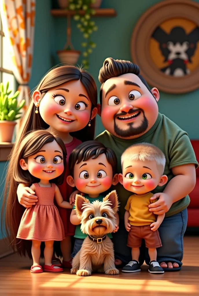 Generate pixar style image, from a family with a chubby mom, Brown eyes, Brown hair. A chubby dad with a bigger head, Voluminous eyebrows and very short hair. A slim daughter, Brown hair claro largo. A boy with green eyes and very short hair, of you clear. A Yorkshire terrier dog.