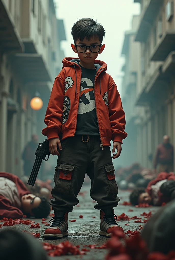 A aggressive boy wearing glasses And rap style dress Holding Gun stand on bodies 