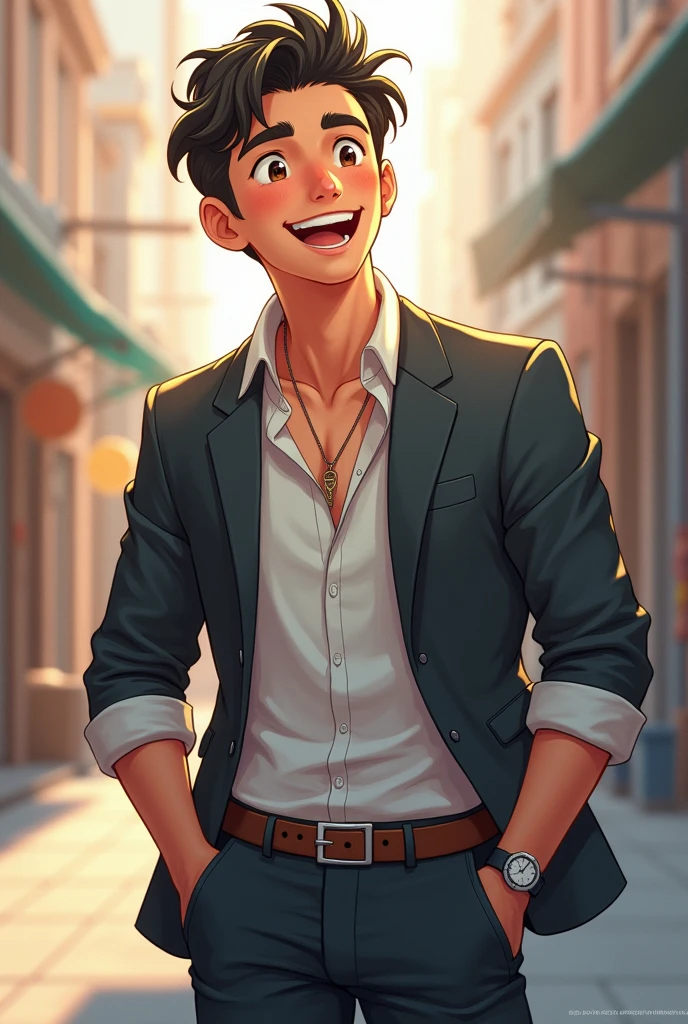 A young, handsome male character with an ectomorphic body type, shown in a medium shot from the front. The style of the image should be realistic. The character is dressed in urban clothing and should express the following emotions: joy,