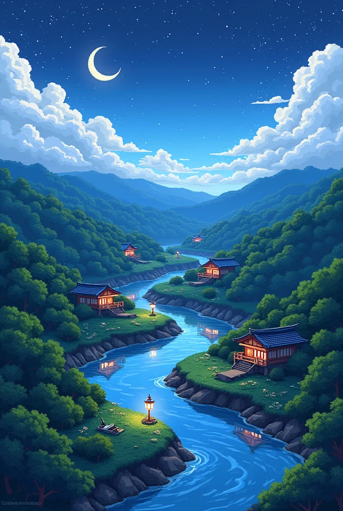 Pixel Art Landscape. evening. 3D pixel art. Amazing pixel art details. Pixel art. Detailed Unreal Engine pixel art, Japanese countryside、summer night.