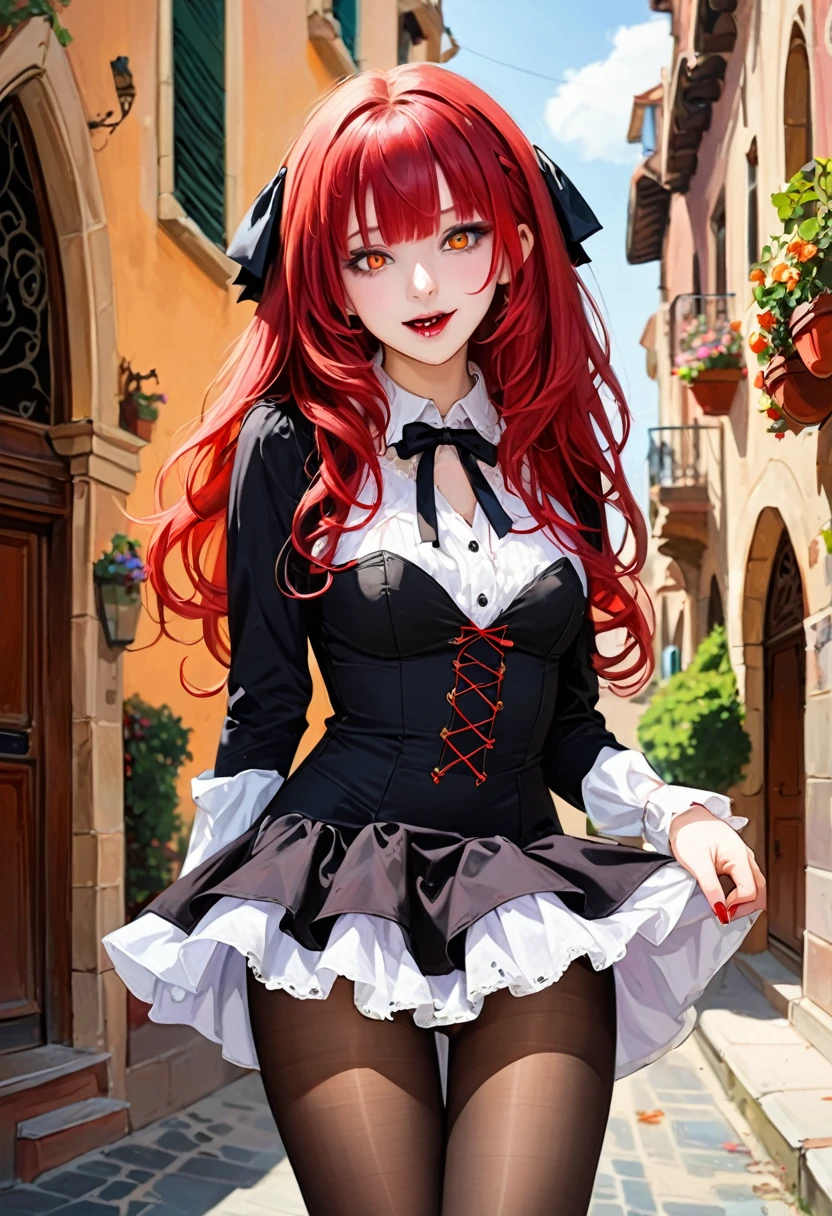 Valencia:1 Girl), A Masterpiece, Best quality, Raw Photo, lifelike, FACE, Incredibly ridiculous, beautiful vampire girl, very curly red hair, gothic minidress, pantyhose crotch, shoes, sun shiny day