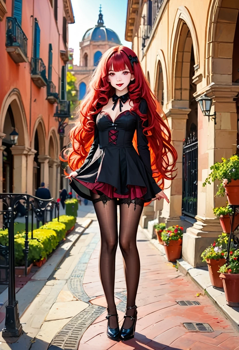 Valencia:1 Girl), A Masterpiece, Best quality, Raw Photo, lifelike, FACE, Incredibly ridiculous, beautiful vampire girl, very curly red hair, gothic minidress, pantyhose crotch, shoes, sun shiny day