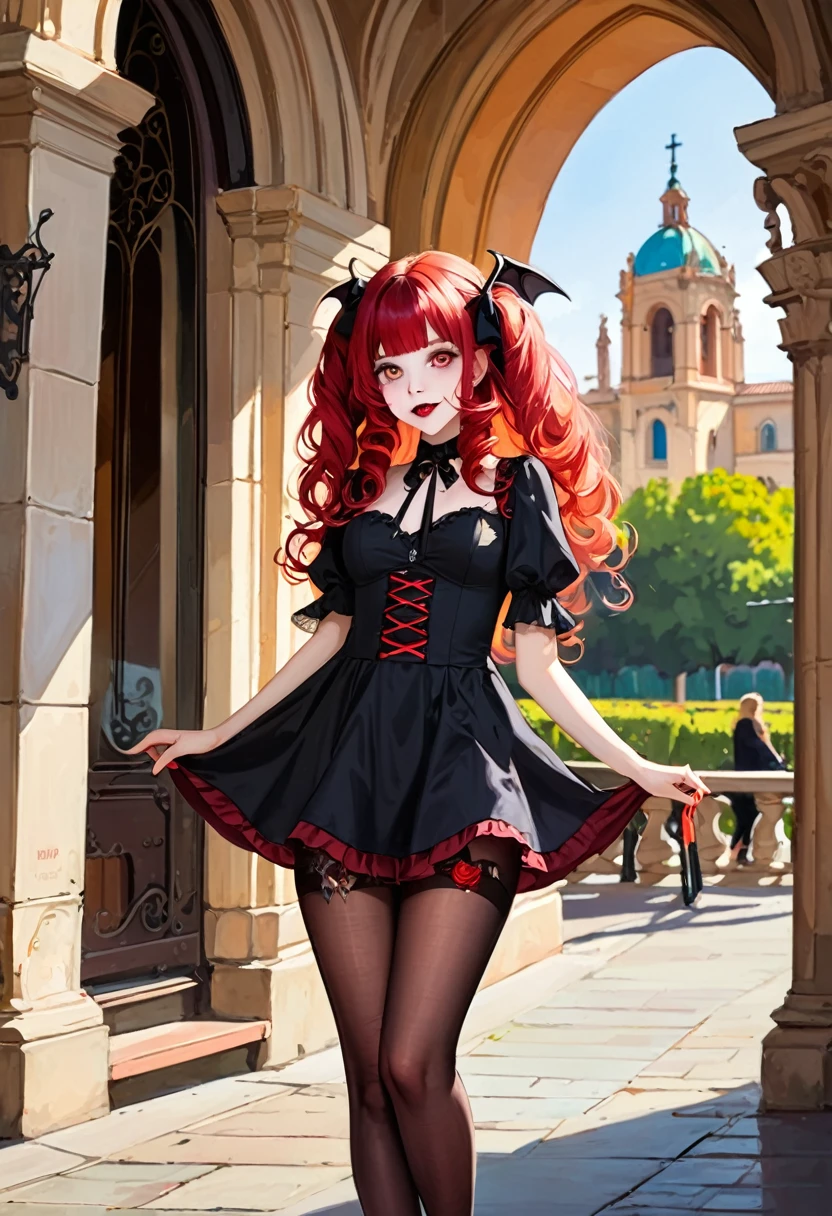 Valencia:1 Girl), A Masterpiece, Best quality, Raw Photo, lifelike, FACE, Incredibly ridiculous, beautiful vampire girl, very curly red hair, gothic minidress, pantyhose crotch, shoes, sun shiny day