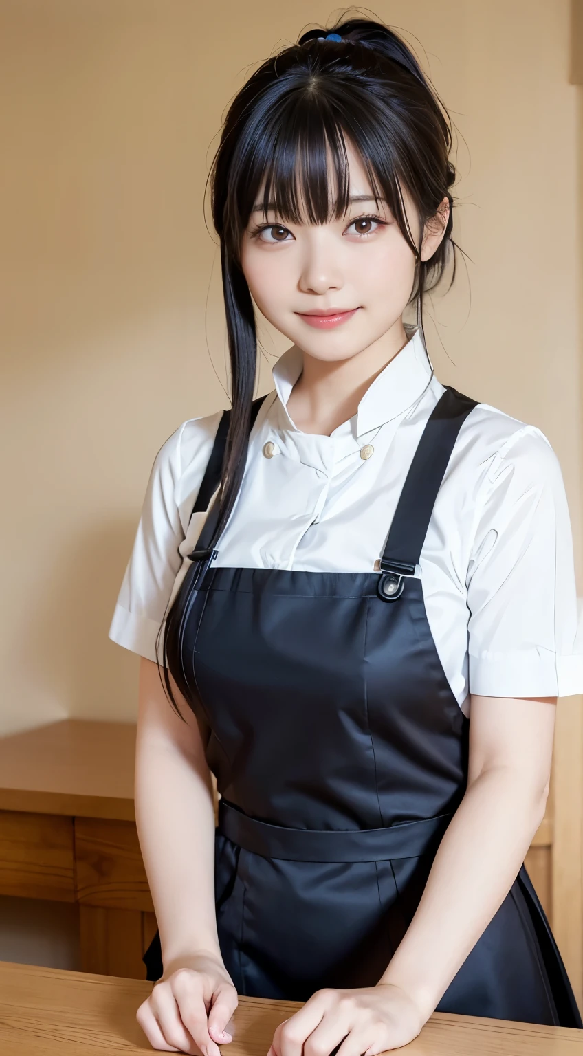 (Highest quality,masterpiece:1.3,Ultra-high resolution,),(Very detailedな,Caustics),(Photorealistic:1.4,RAW shooting,)Ultra-Realistic Capture,Very detailed,High resolution 16K human skin closeup。 Natural skin texture、,Pores、、、、It must be detailed enough to be easily identifiable。 Skin tone is even and healthy looking。 Use natural light and colour,restaurant,Waitress Uniform,1 girl,Japanese,1,cute,Black-haired,ponytail,Big Breasts,smile,Turn your body forward,(Front view:1.1),Looking at the camera,Cowboy Shot,