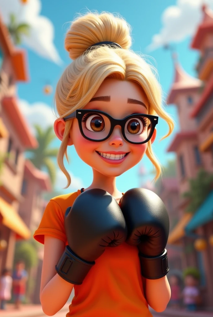 3D poster inspired by Pixar capturing a scene young adult blonde with high bun, pretty, beautiful woman, medium square glasses, brown eyes, slightly long face, big forehead, long chin, chubby nose, wears an orange t-shirt, hands with black boxing gloves, happy and smiling and having fun , pixar version hair tied up high